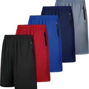 Men's Workout Shorts Sets 5 Pack with Zippered Pockets Basketball Gym Activewear Athletic Mesh Shorts