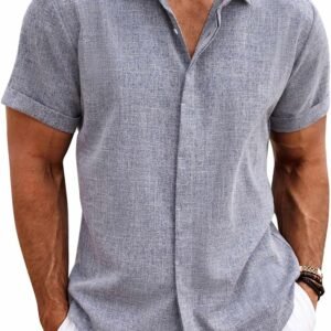 Men's Linen Shirts Short Sleeve Casual Shirts Button Down Shirt for Men Beach Summer Wedding Shirt