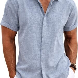 Men's Linen Shirts Short Sleeve Casual Shirts Button Down Shirt for Men Beach Summer Wedding Shirt